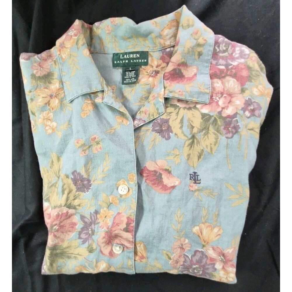 Vtg 90s Lauren Ralph Lauren Floral Linen Short Sleeve Shirt Women's Size L